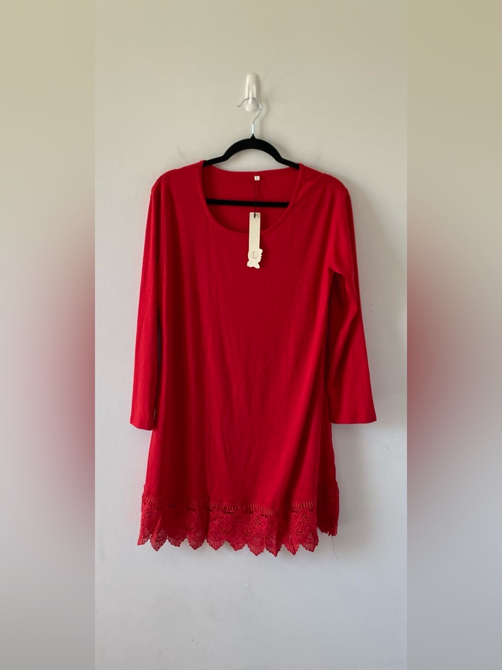 NWT Red Long Sleeve Lace Hem Tunic Top Mini Dress L Holiday Christmas Casual